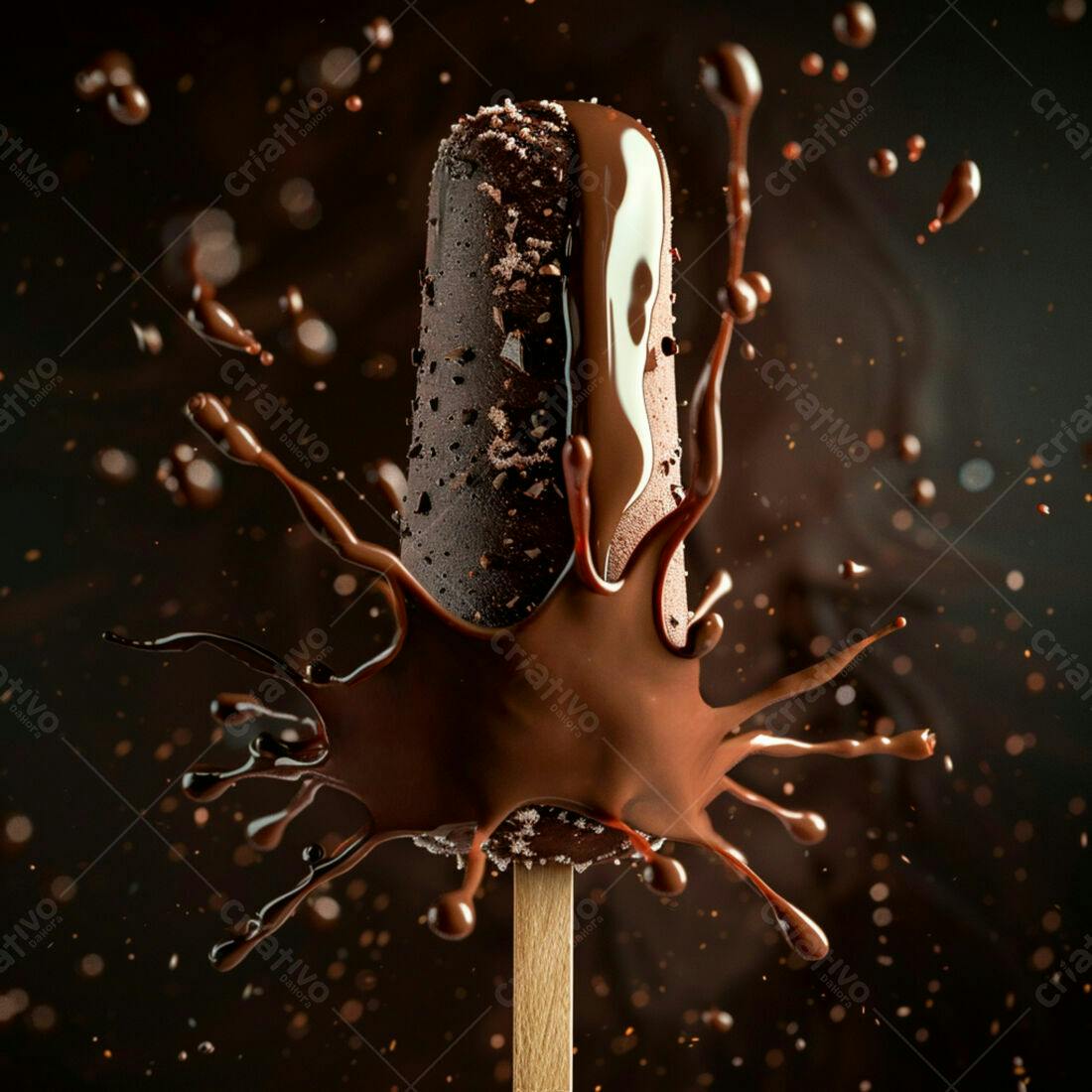 Sorvete de chocolate com calda em explosão