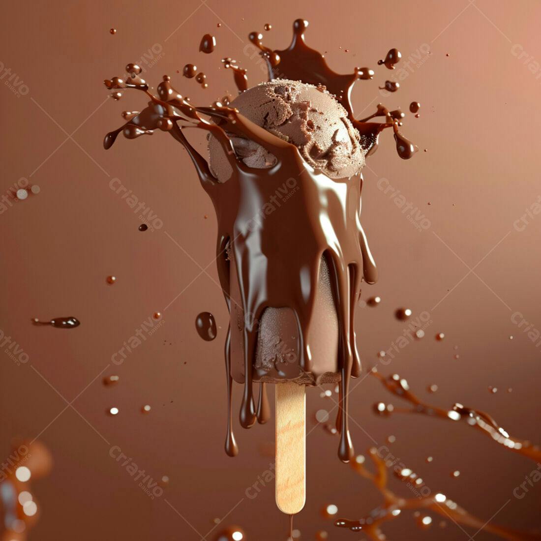 Picolé de chocolate derretido em calda