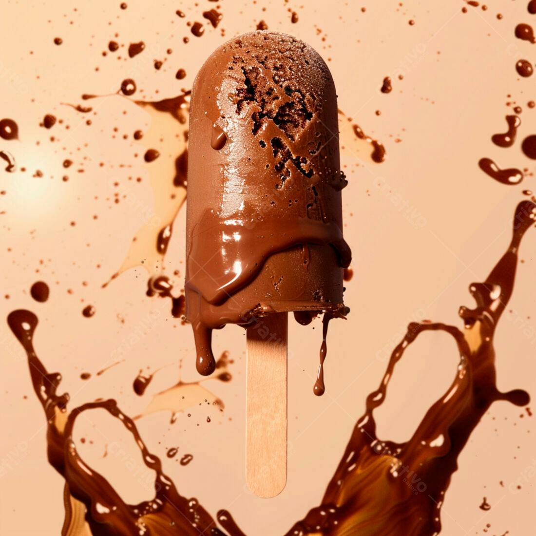 Picolé de chocolate derretendo em fundo bege