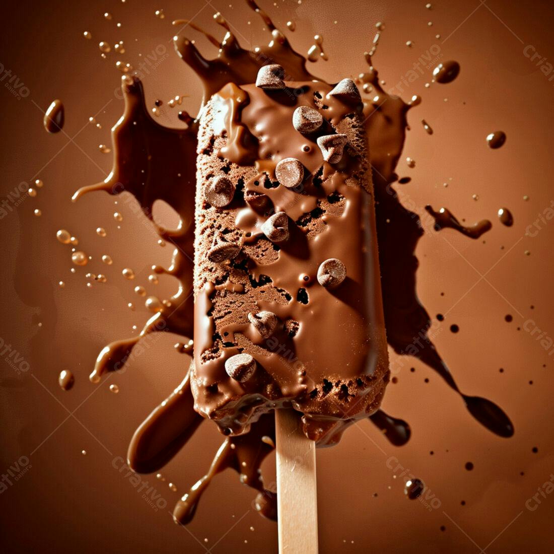 Picolé de chocolate com gotas de chocolate derretido