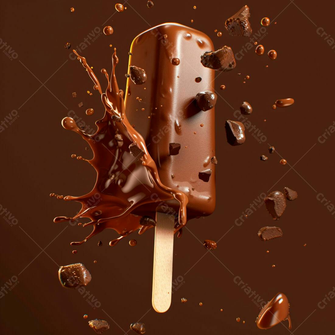 Picolé de chocolate com gotas em explosão