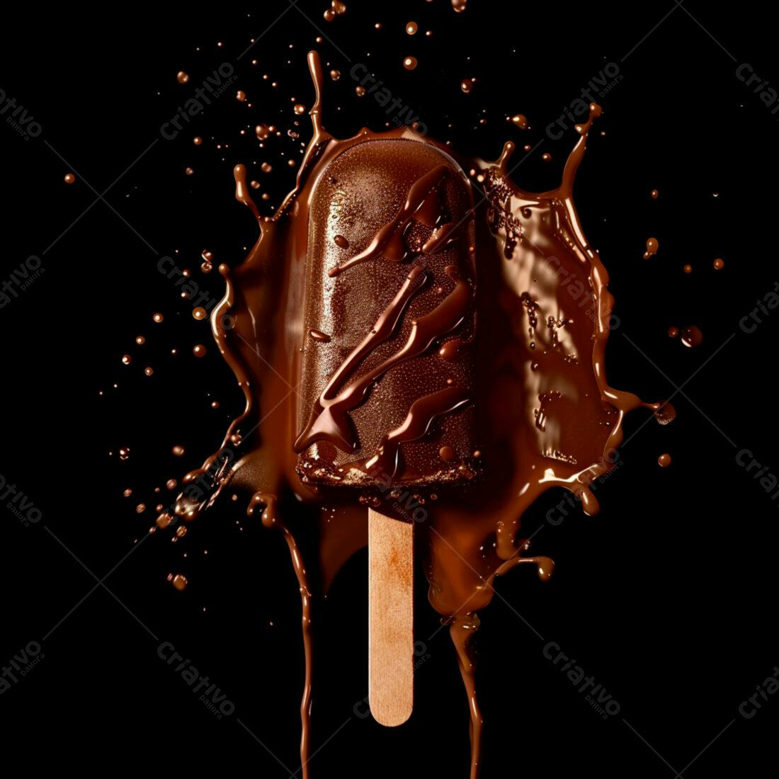 Picolé de chocolate derretendo em fundo preto