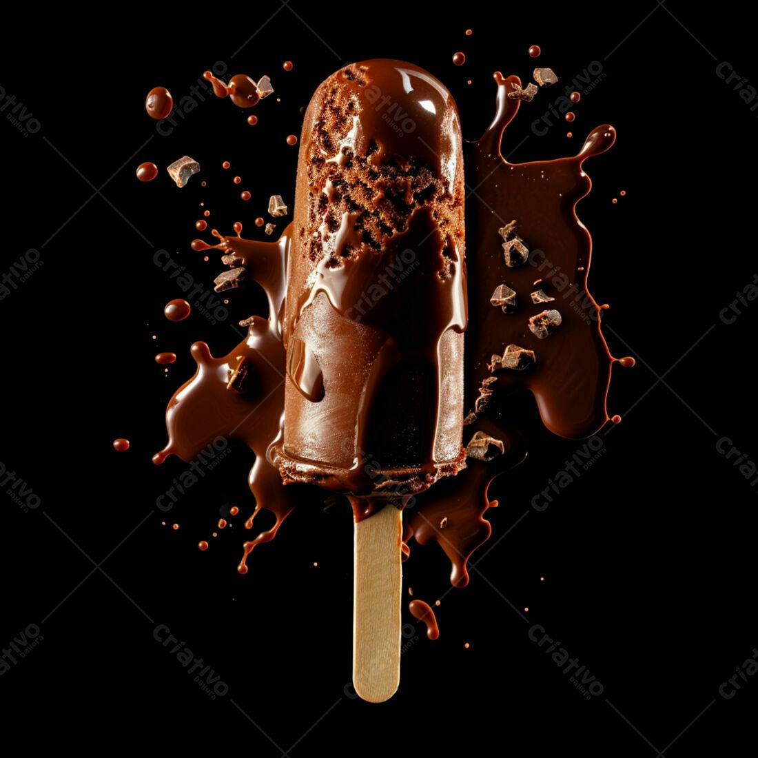 Picolé de chocolate derretendo com pedaços de chocolate