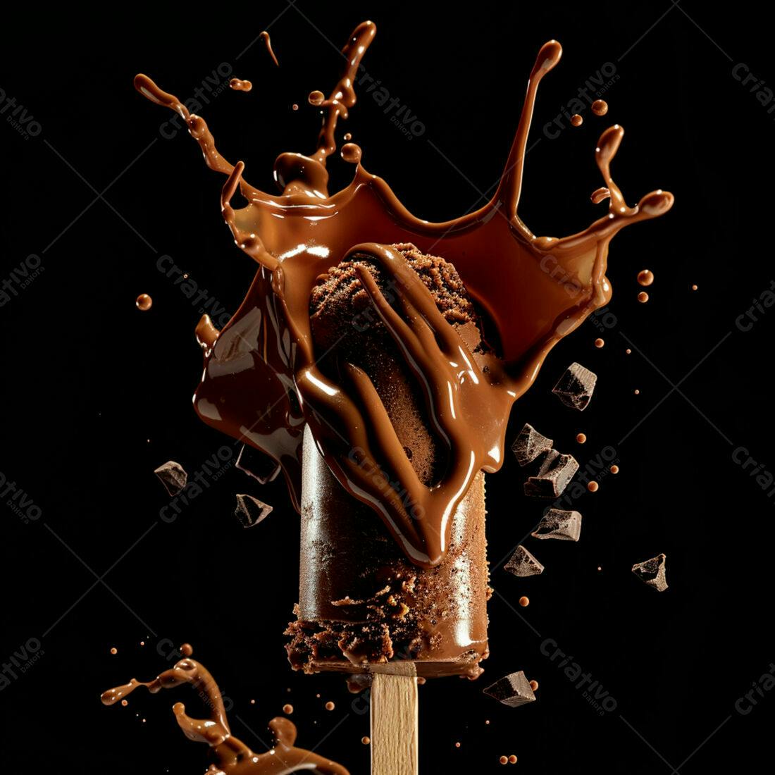 Picolé de chocolate com calda em splash