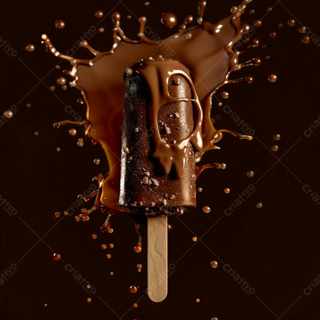 Picolé de chocolate com calda em splash