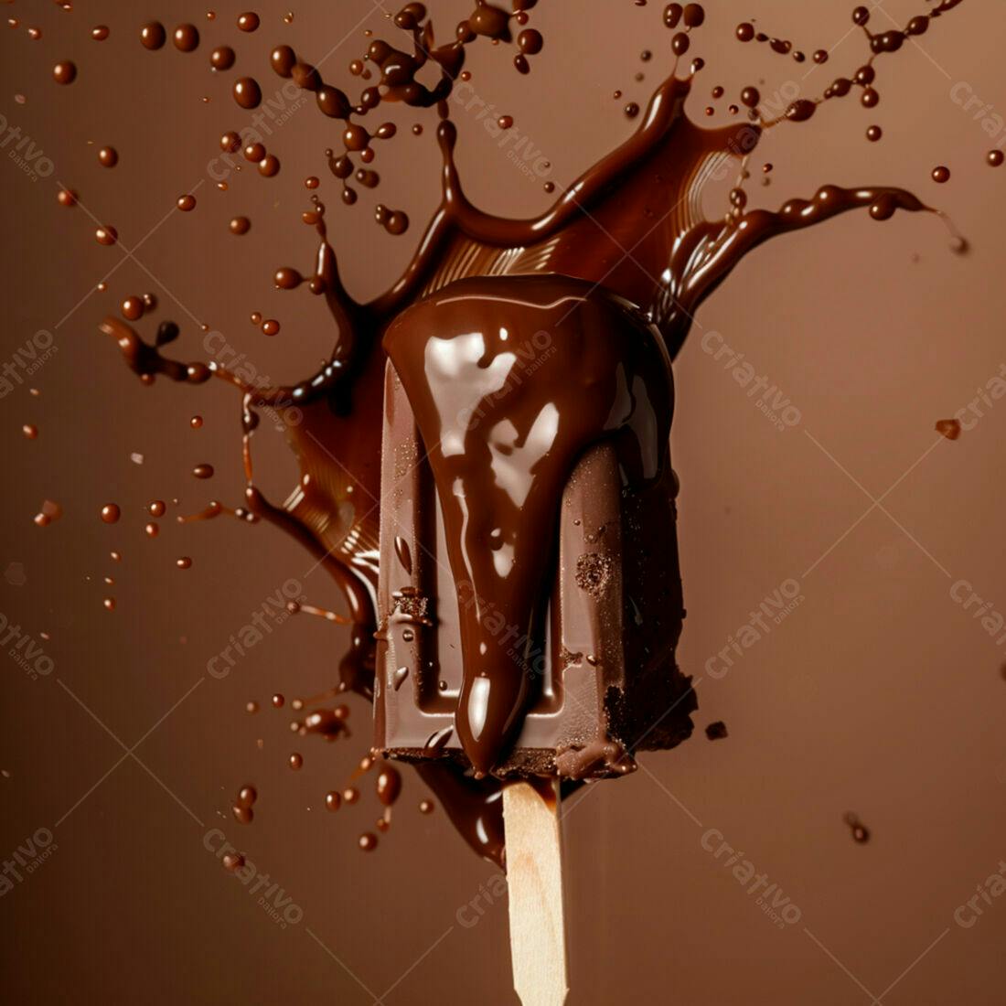 Picolé de chocolate com calda em textura marcante