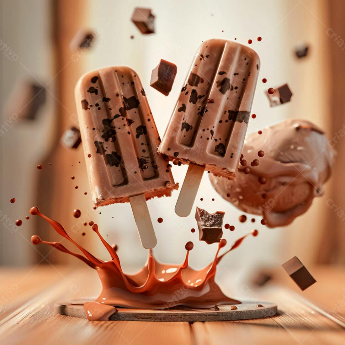 Picolés de chocolate caindo em splash de chocolate