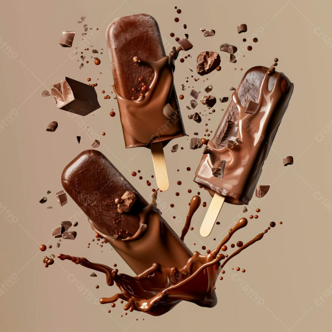 Picolés de chocolate em queda com gotas