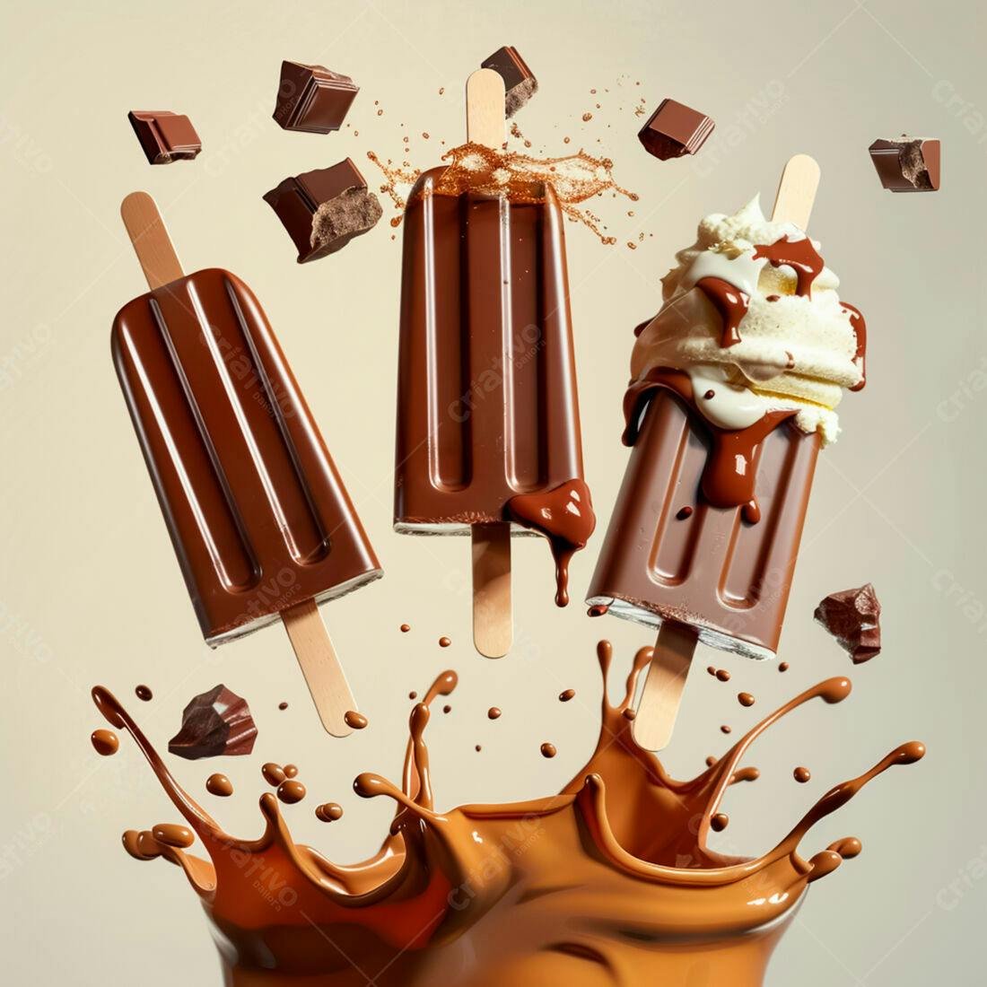Picolés de chocolate derretendo em calda