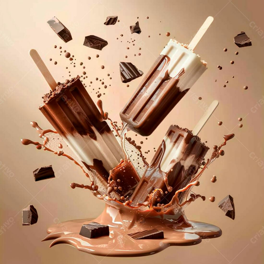 Picolés de chocolate caindo em calda