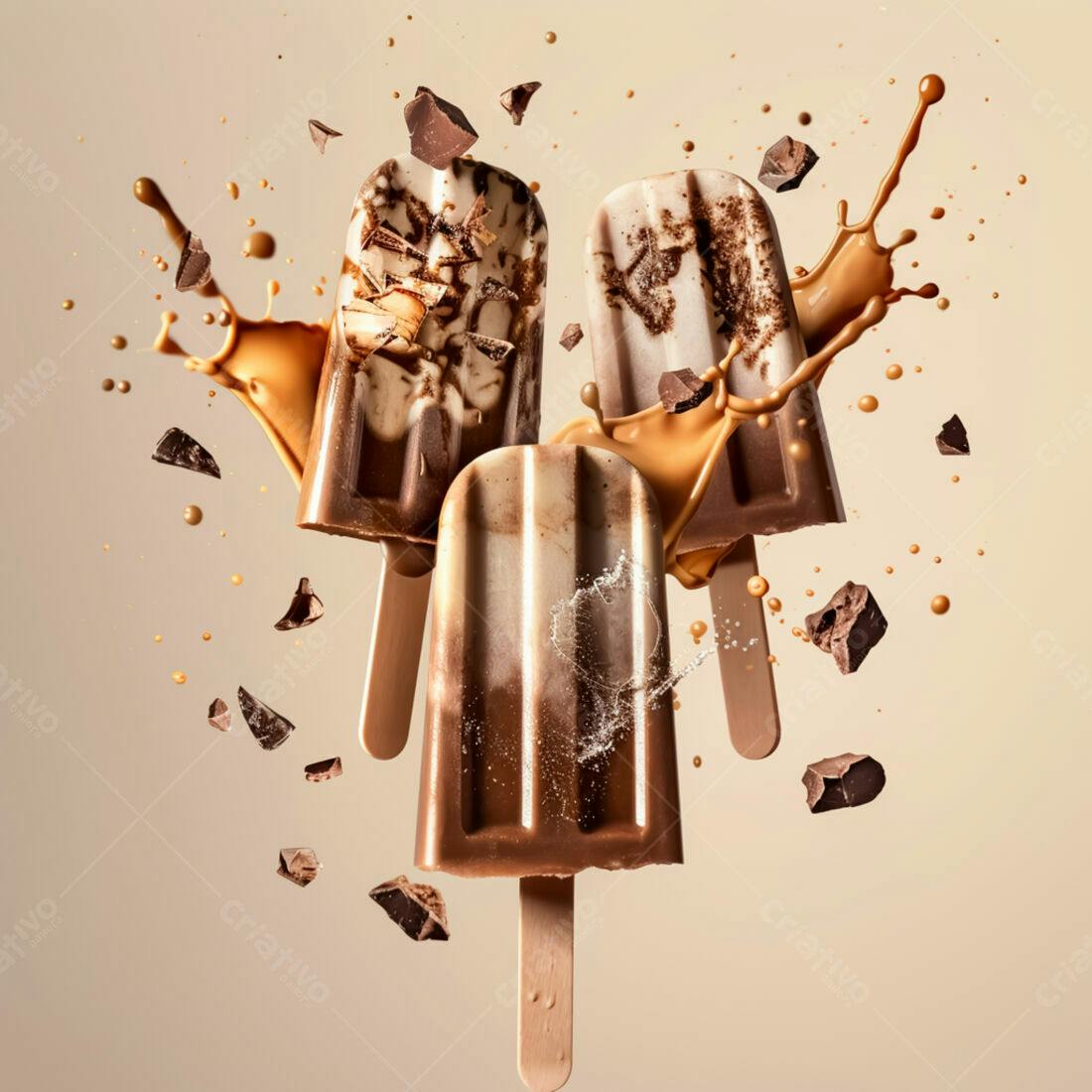 Picolés de chocolate e creme em levitação