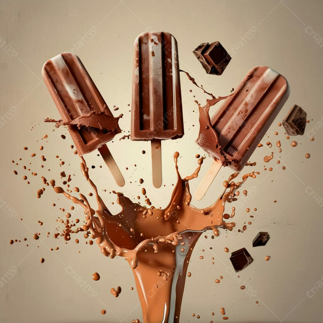 Picolés de chocolate em splash de chocolate