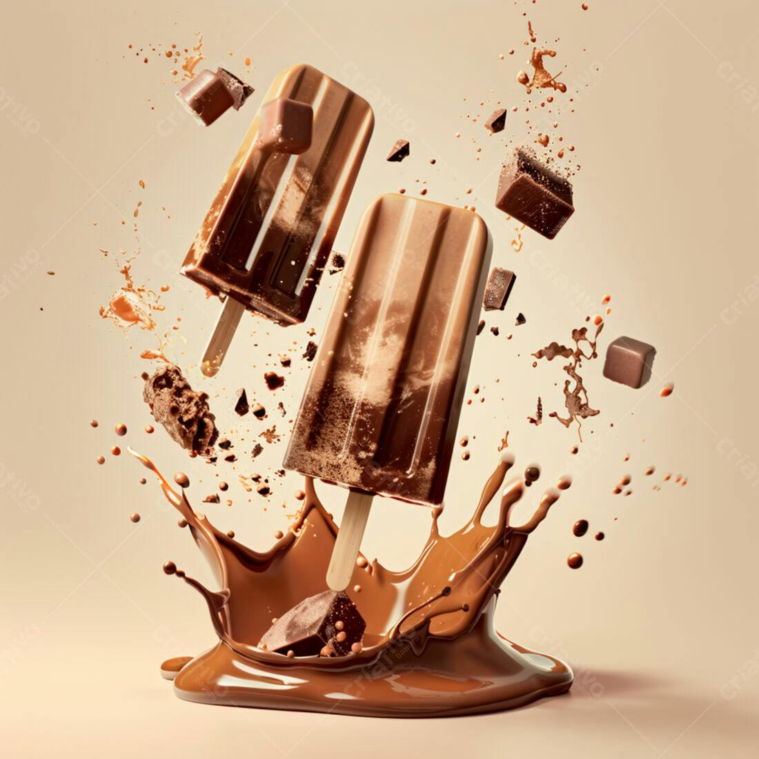 Picolés de chocolate em splash de chocolate