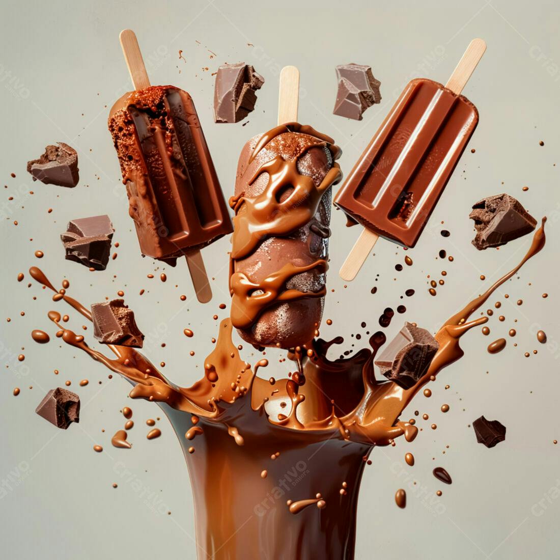 Picolés de chocolate em splash de chocolate