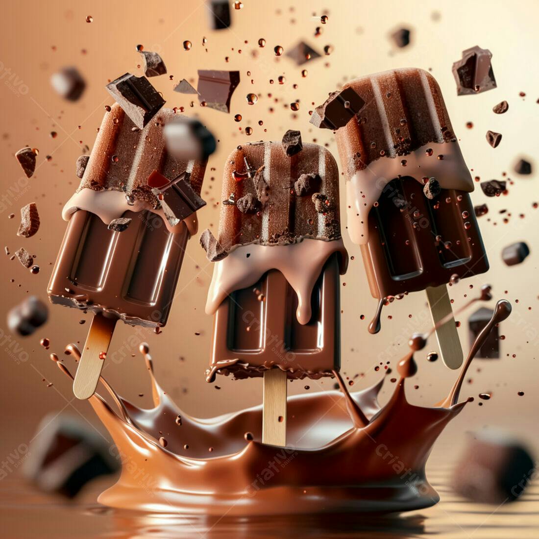 Picolés de chocolate em splash de chocolate