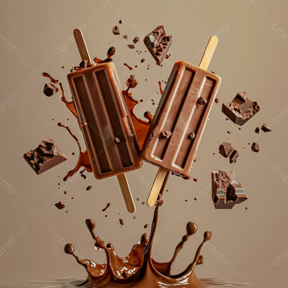 Picolés de chocolate em voo com gotas