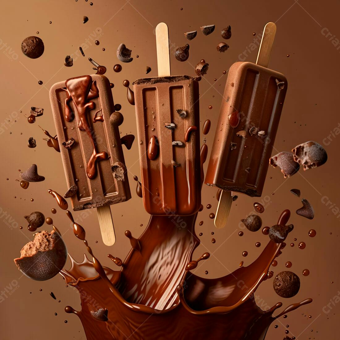 Picolés de chocolate em calda com gotas