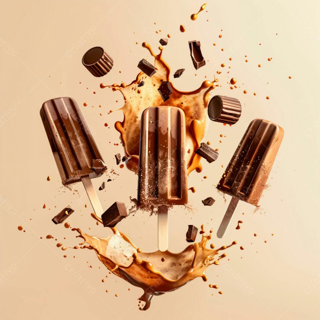 Picolés de chocolate em explosão de calda
