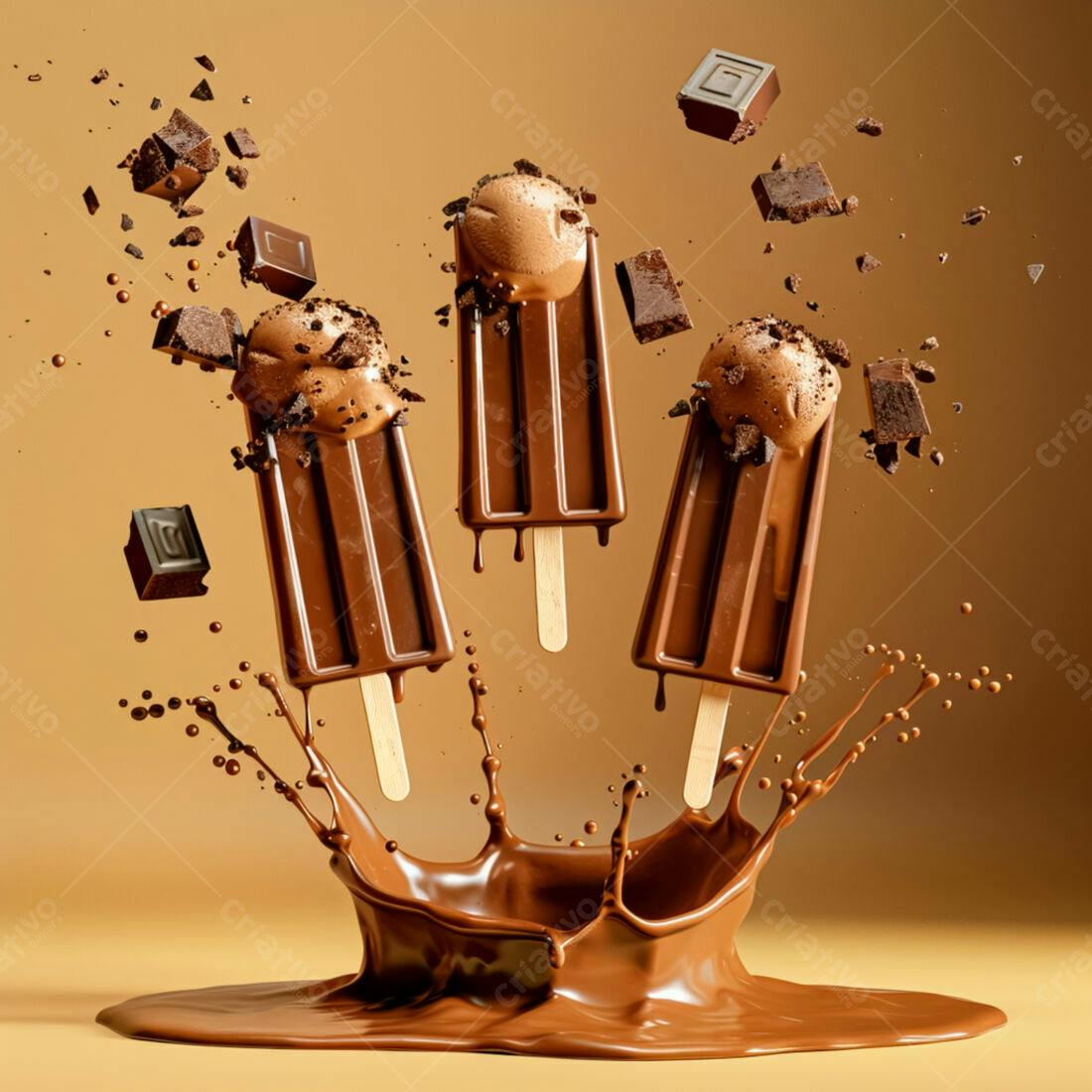 Picolés de chocolate em splash de chocolate