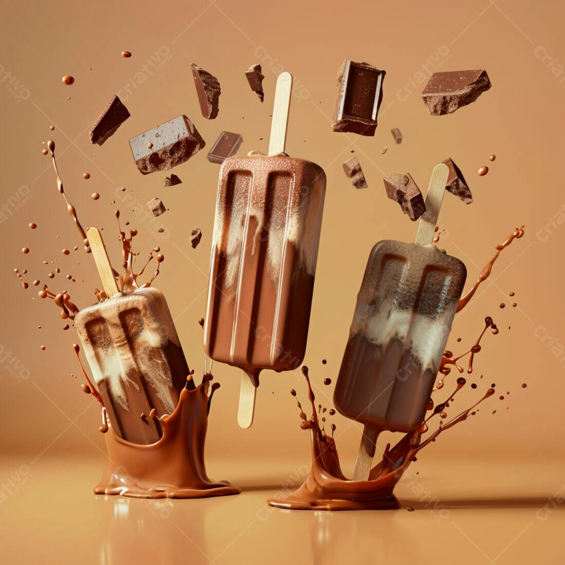 Picolés de chocolate em splash de chocolate