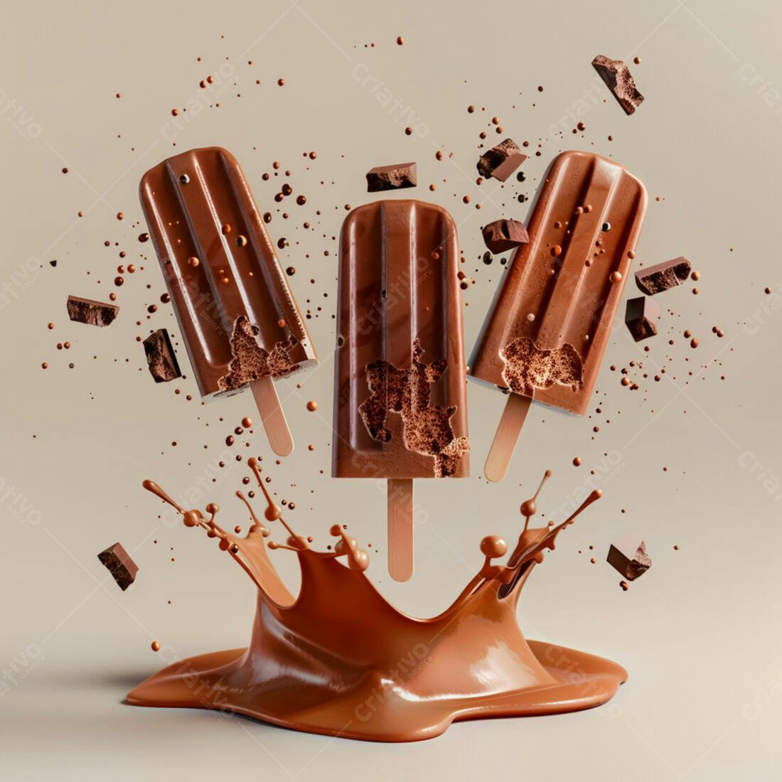Picolés de chocolate em splash de chocolate