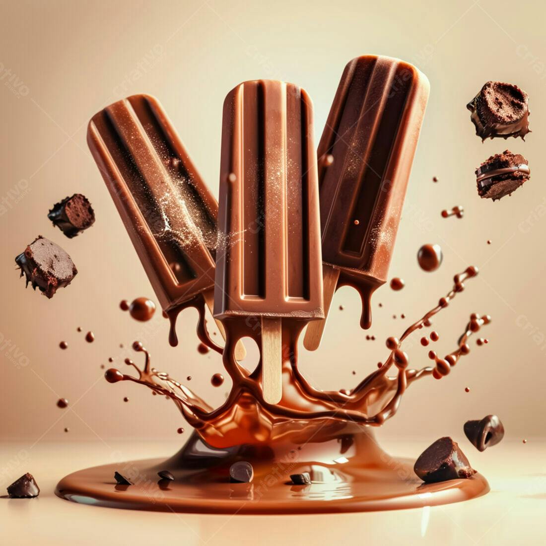 Picolés de chocolate em calda com pedaços de brownie