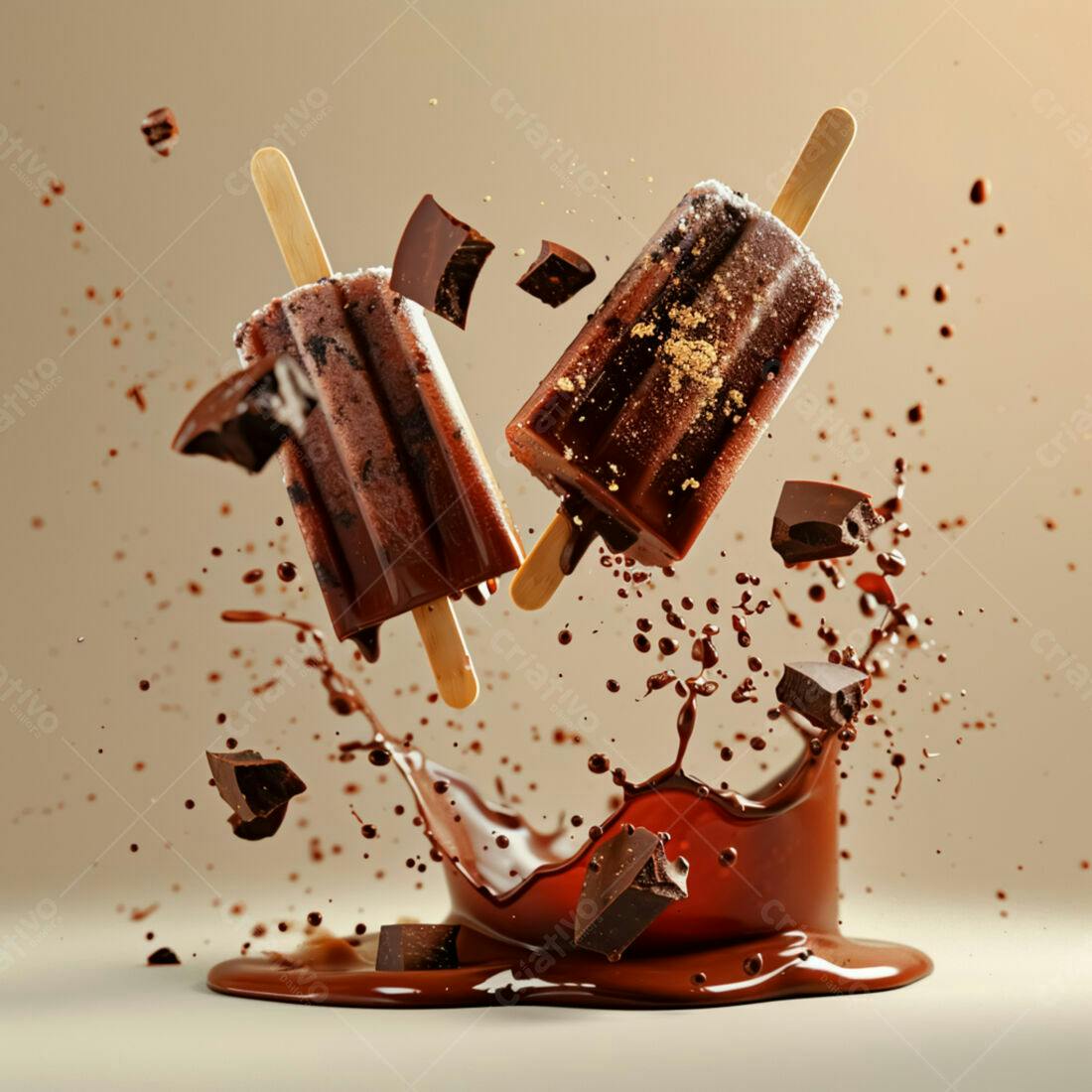 Picolés de chocolate em queda com respingos