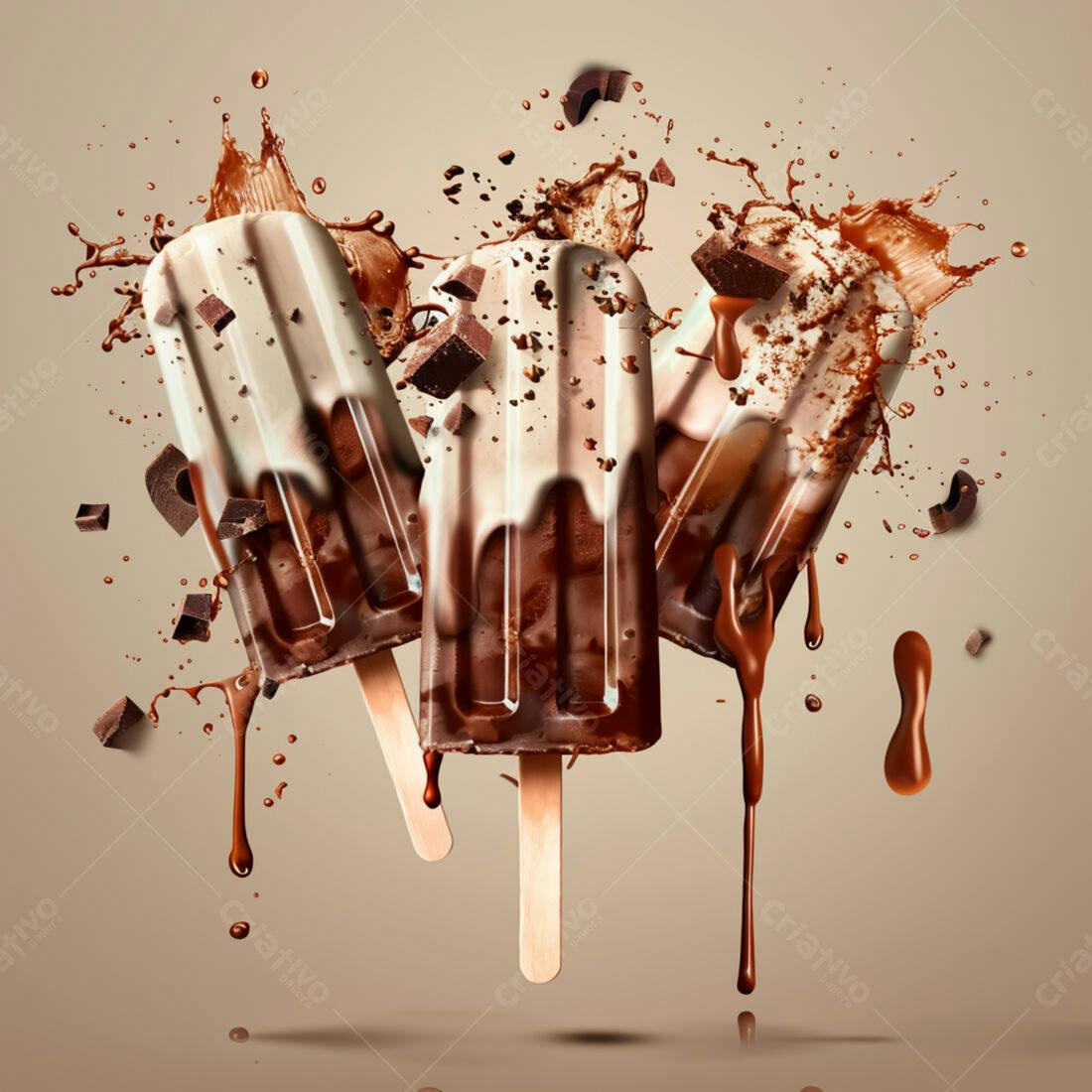 Picolés de chocolate derretendo com pedaços de chocolate