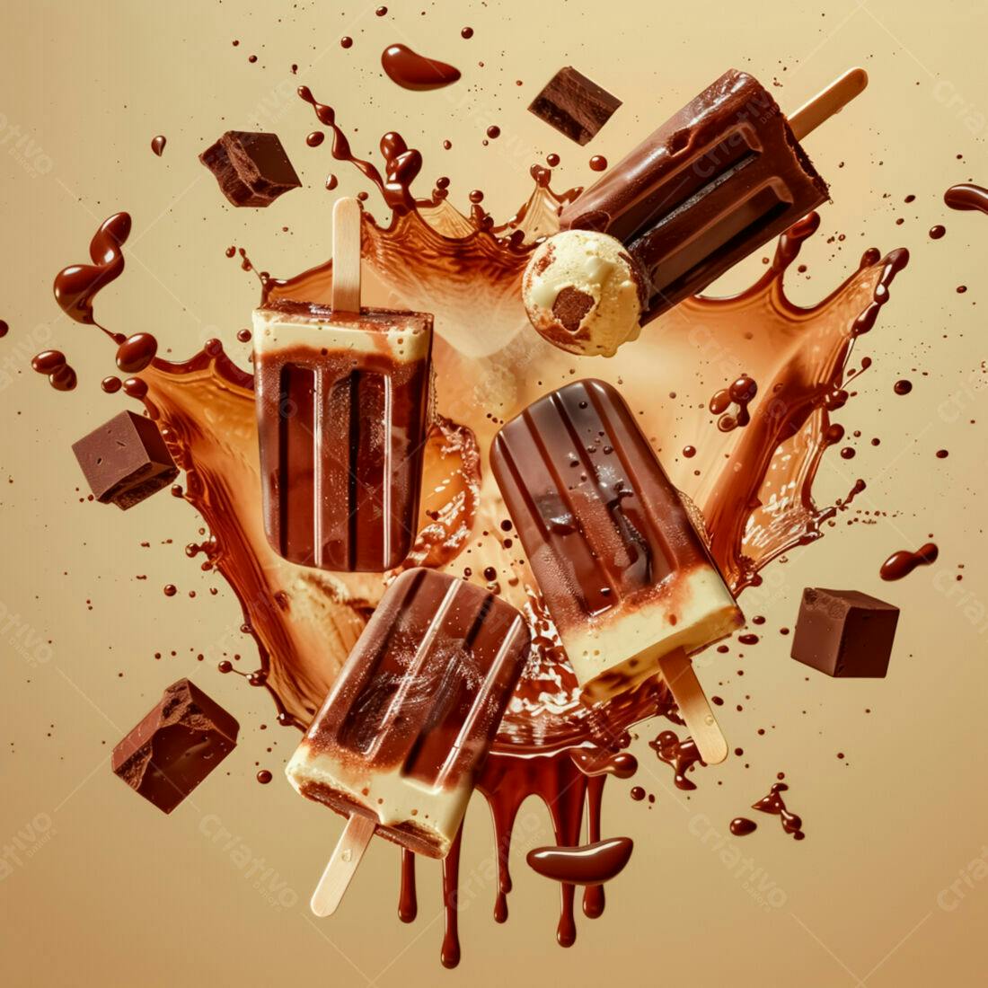 Picolés de chocolate em explosão de calda