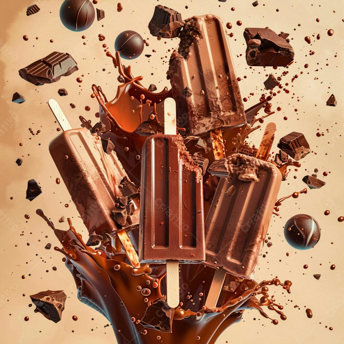 Picolés de chocolate em explosão de chocolate