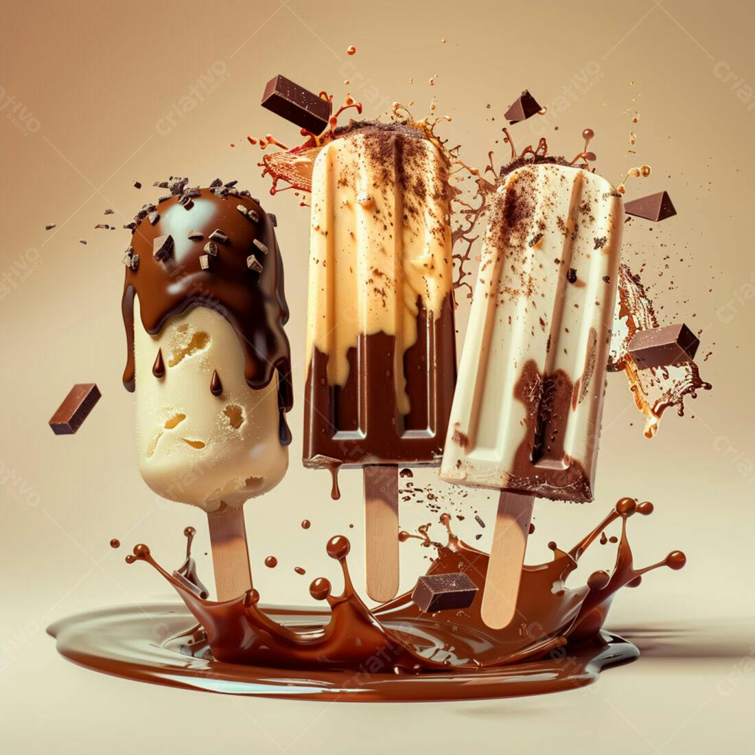 Picolés de chocolate e creme em splash