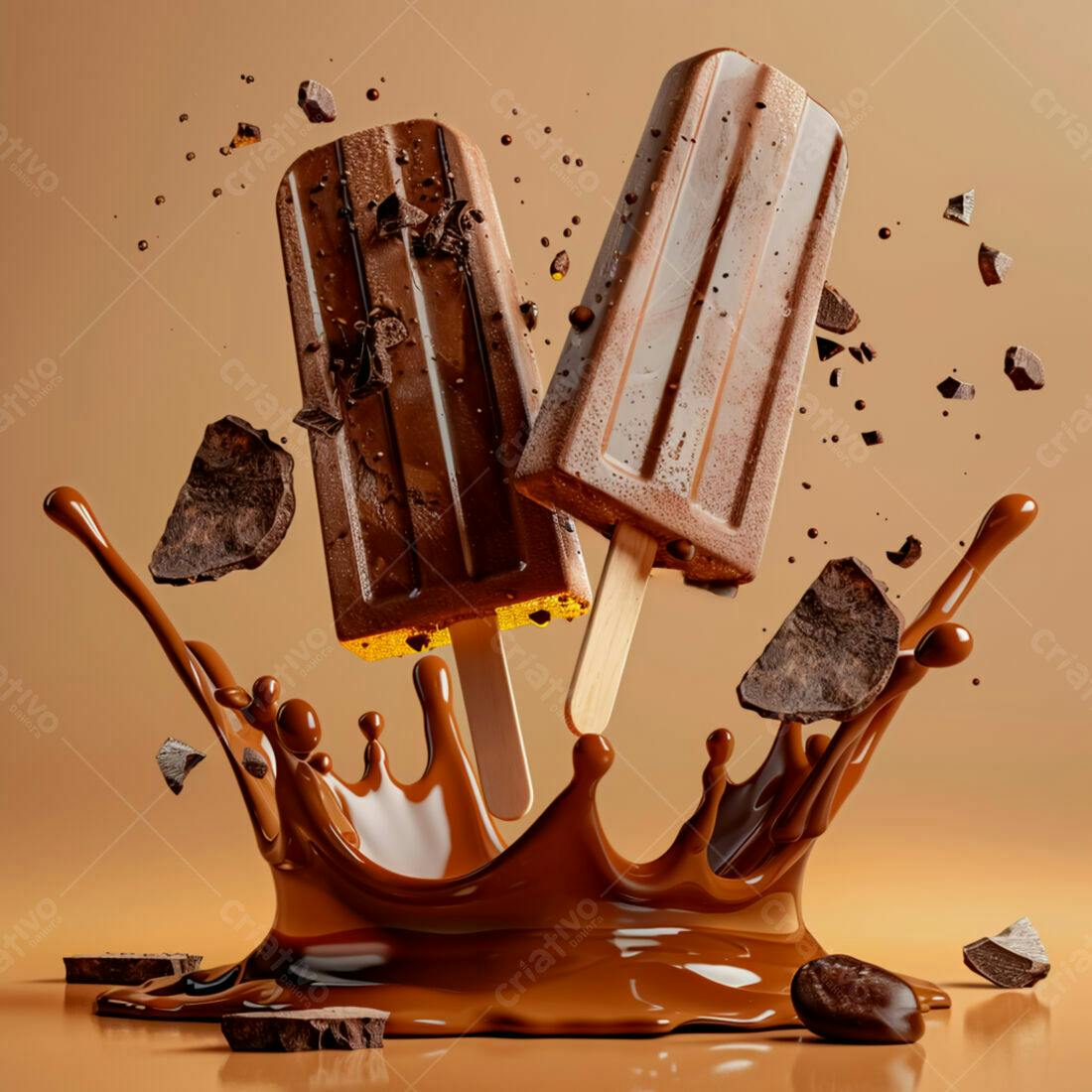 Picolés de chocolate em splash de chocolate