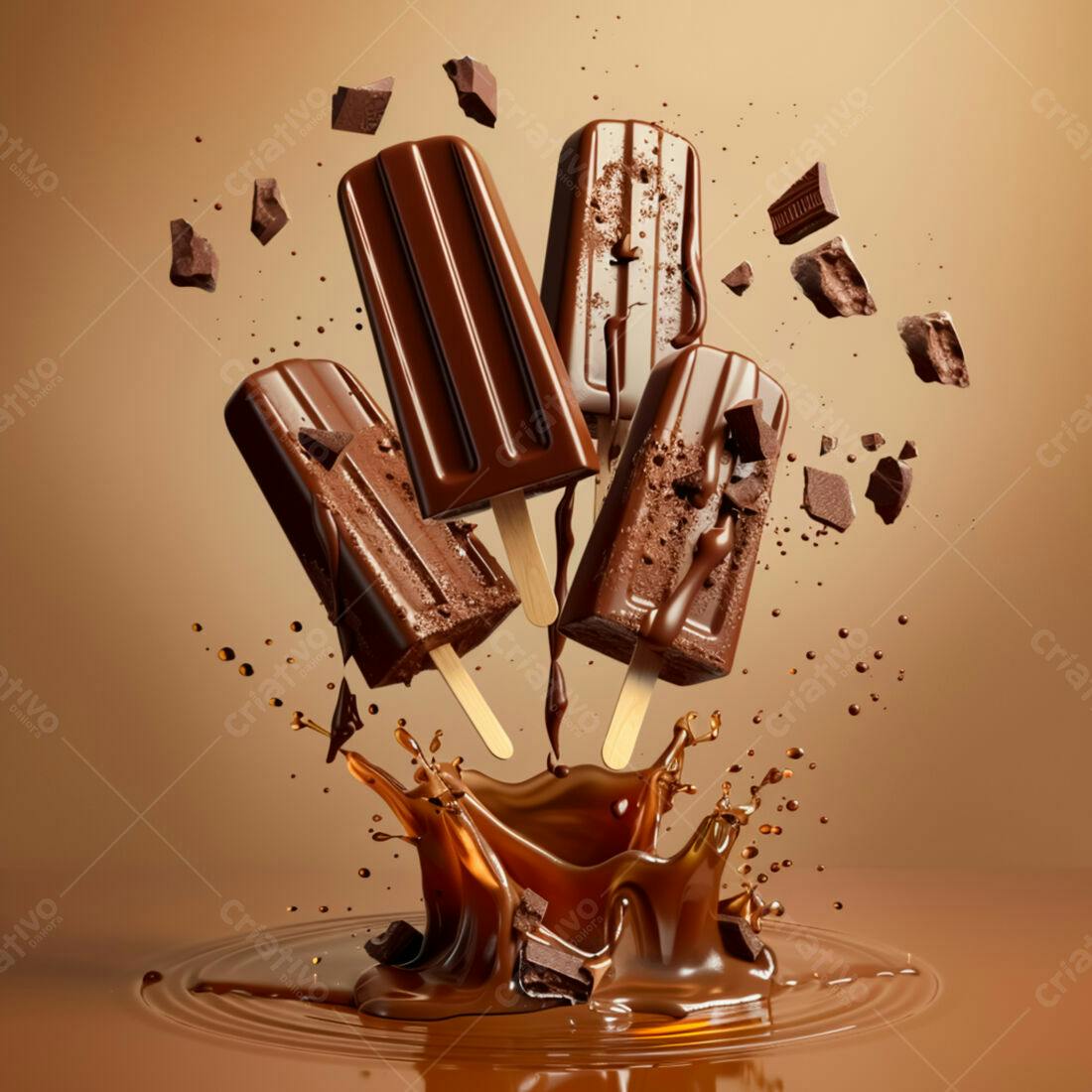 Picolés de chocolate caindo em calda