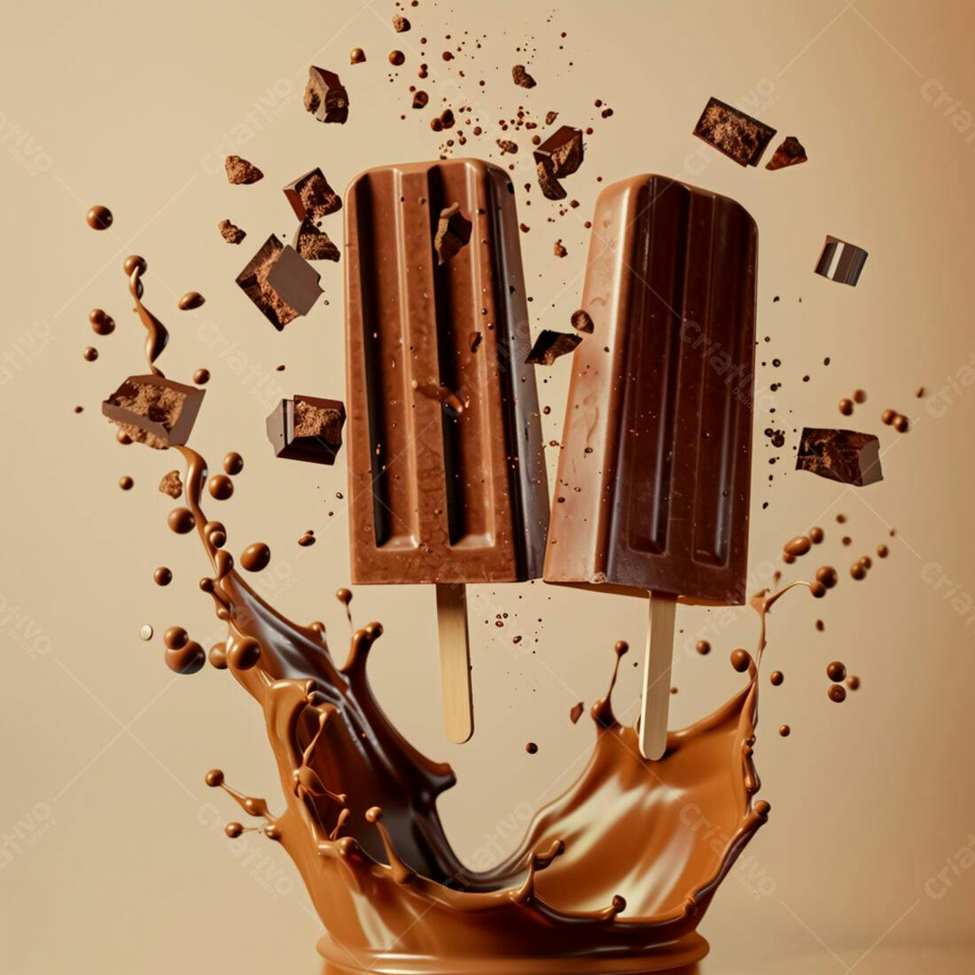 Picolés de chocolate em splash de chocolate