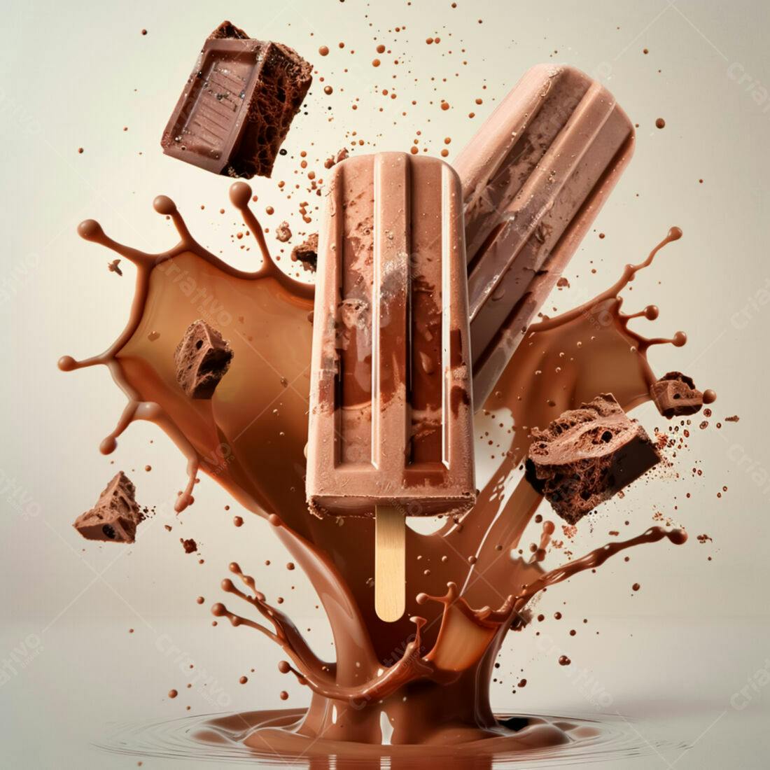 Picolés de chocolate em splash de chocolate
