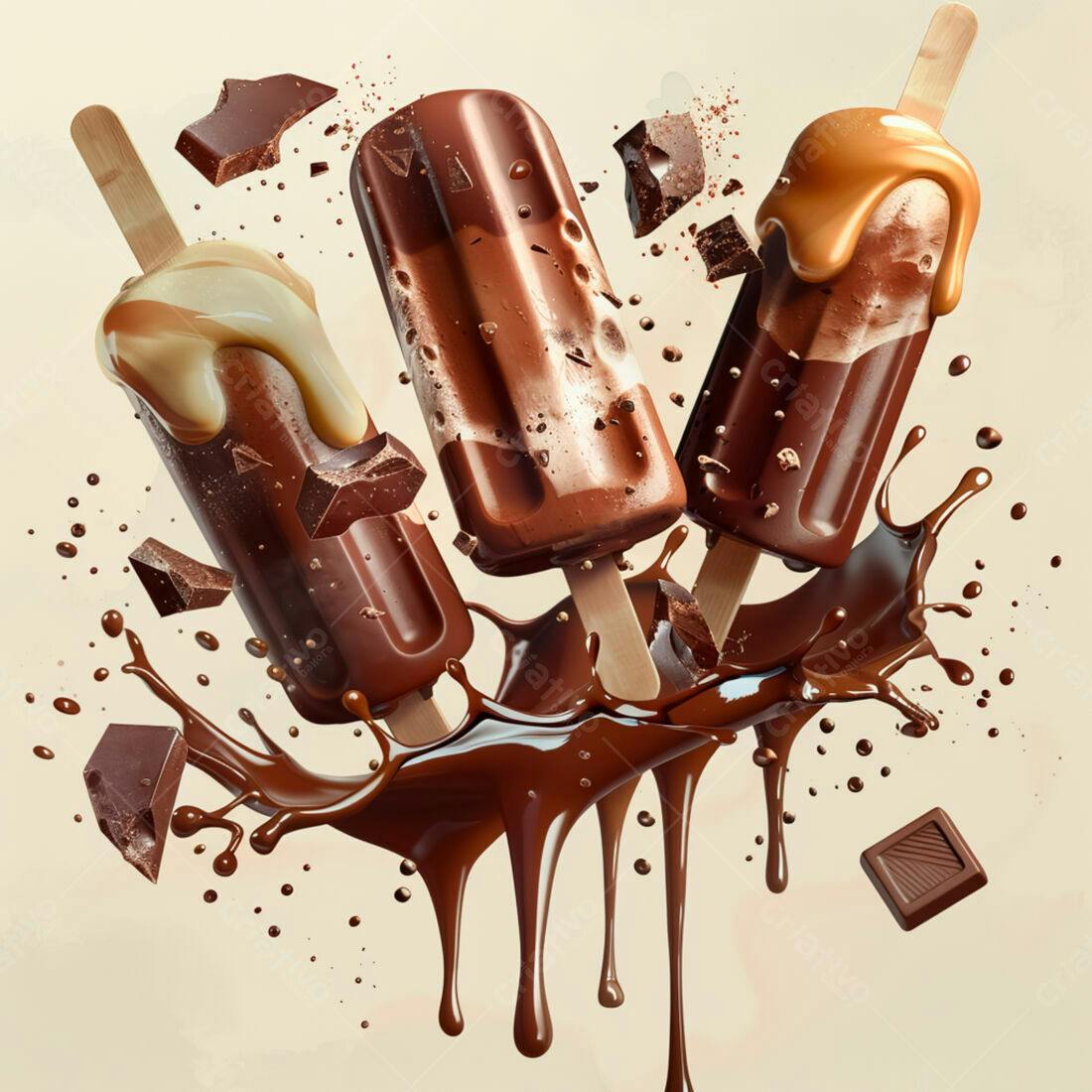 Picolés de chocolate com calda derretida