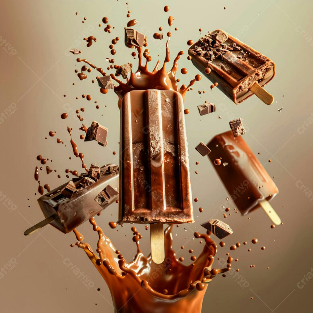 Picolés de chocolate em explosão de calda