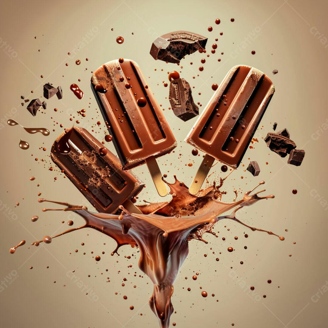 Picolés de chocolate em splash de chocolate