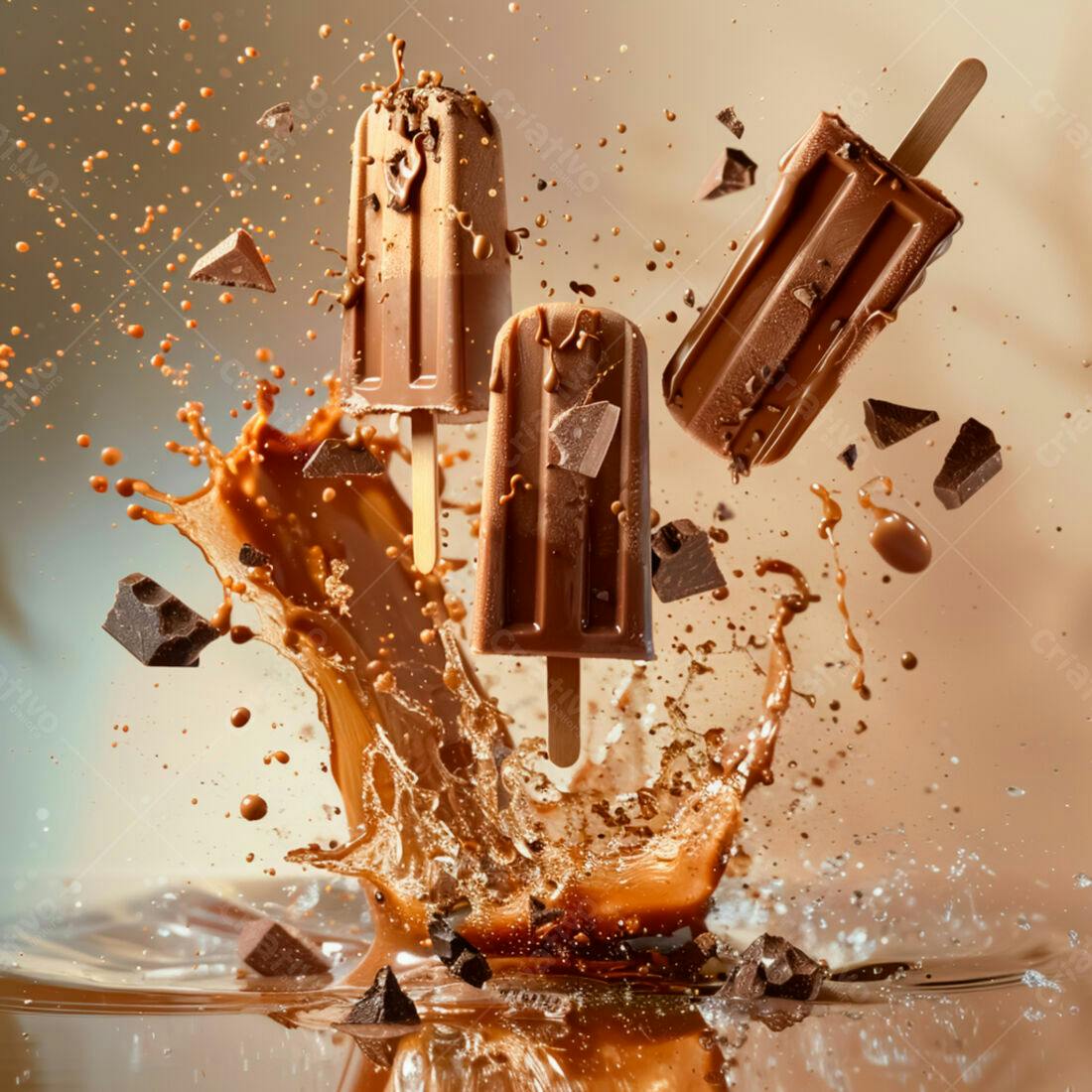 Picolés de chocolate em splash de chocolate