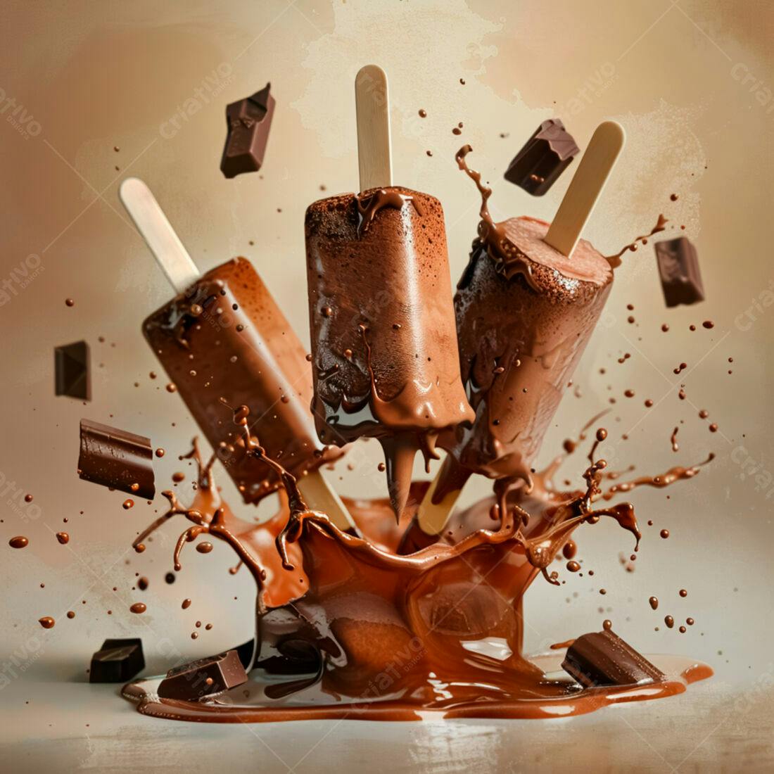 Picolés de chocolate em splash de chocolate
