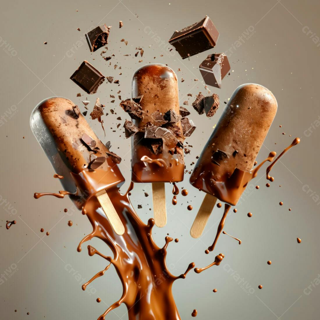 Picolés de chocolate com pedaços de chocolate caindo