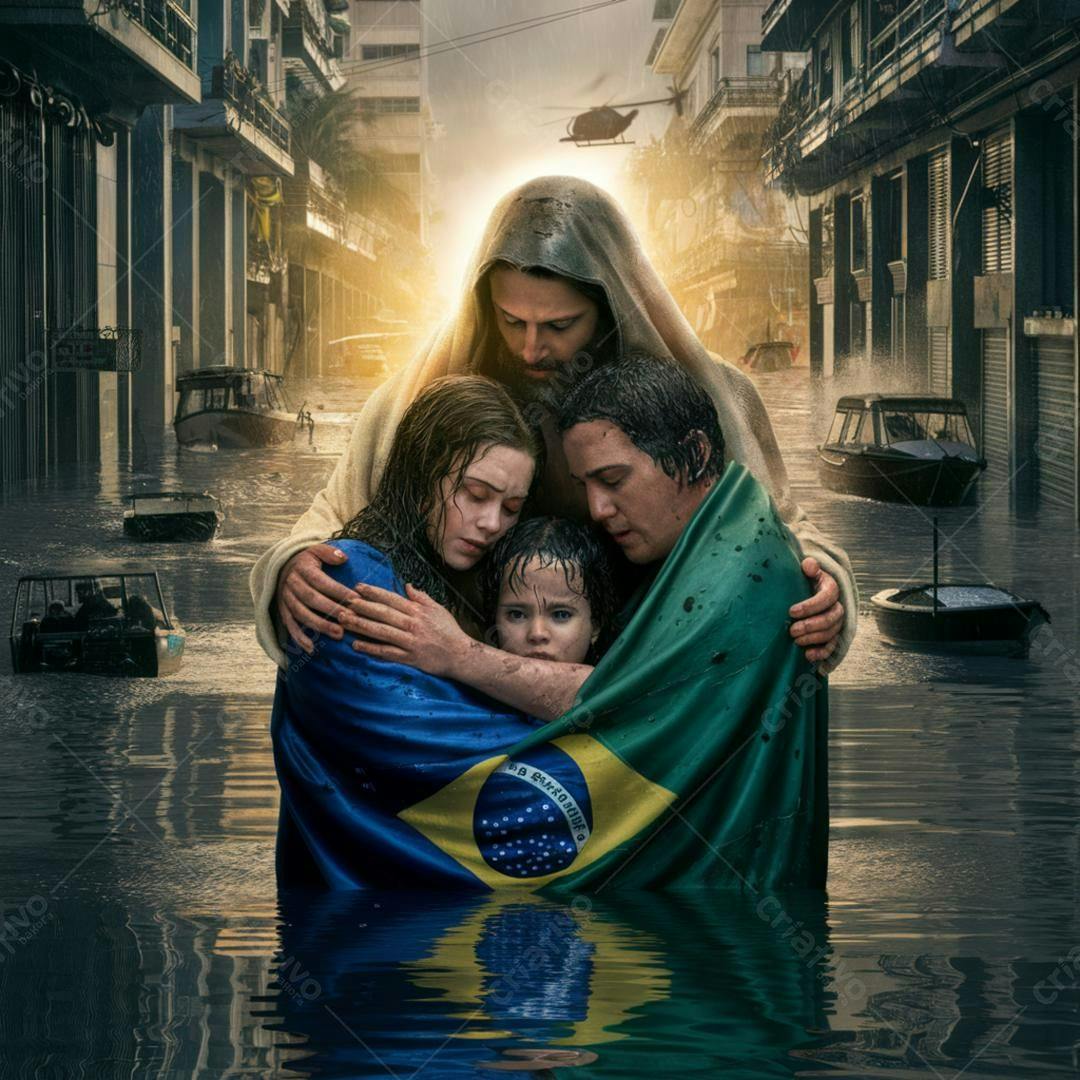 Família brasileira protegida por Jesus em enchente