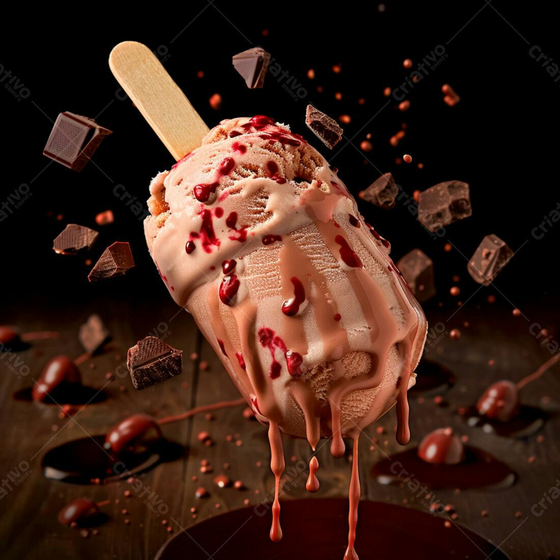 Sorvete de chocolate derretido com calda de frutas vermelhas