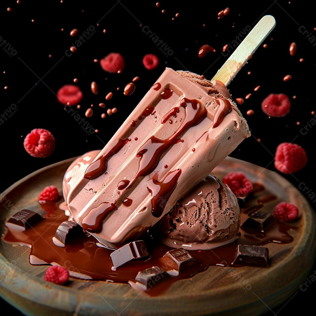 Picolé de chocolate com framboesas e calda