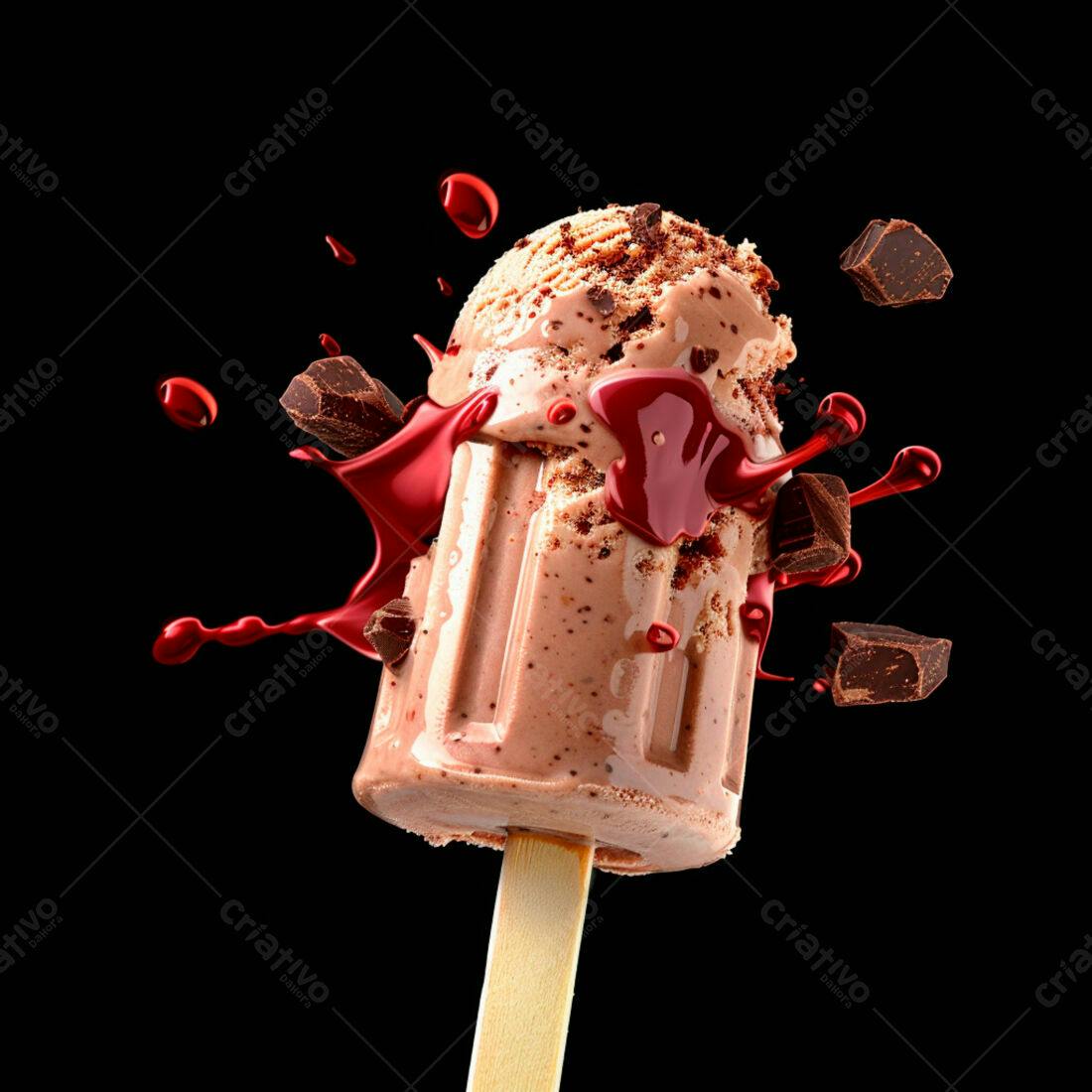 Picolé de chocolate com calda vermelha e pedaços de chocolate