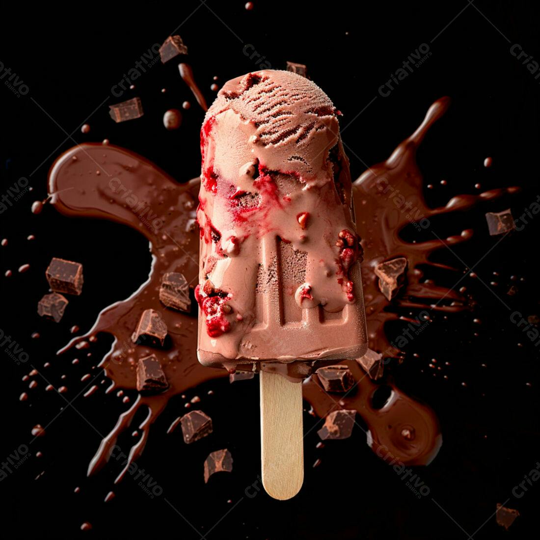 Picolé de chocolate com calda e pedaços de chocolate
