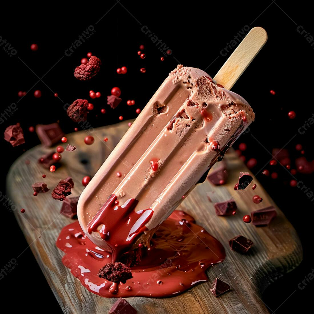Picolé de chocolate derretendo com pedaços de brownie