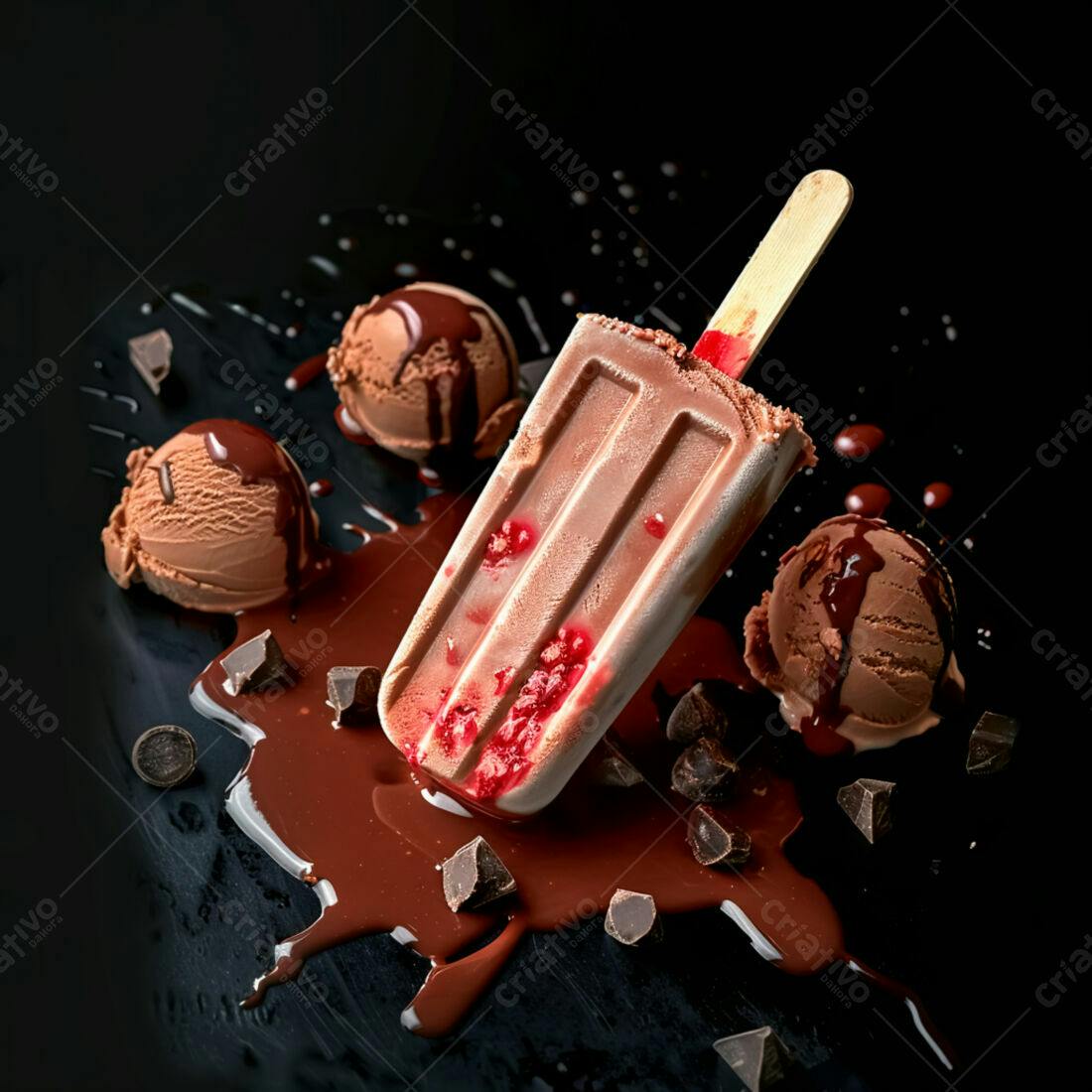 Picolé de chocolate com framboesas e sorvete