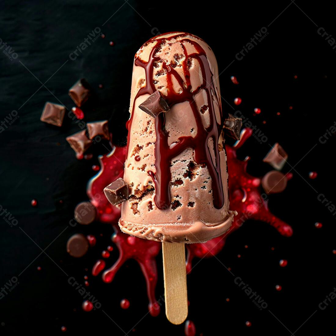 Picolé de chocolate com calda e pedaços