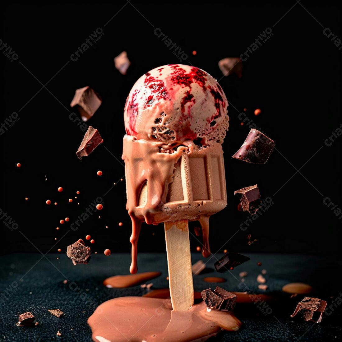 Sorvete derretido com chocolate e calda